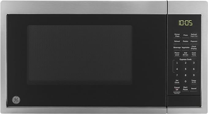 GE Countertop Microwave Oven, Compact 0.9 Cubic Ft., 900-watt Capacity, 7 Auto Cooking Settings, Child-Lock Technology, Kitchen Essentials for the Countertop, Dorm Room or Apartment, Stainless Steel