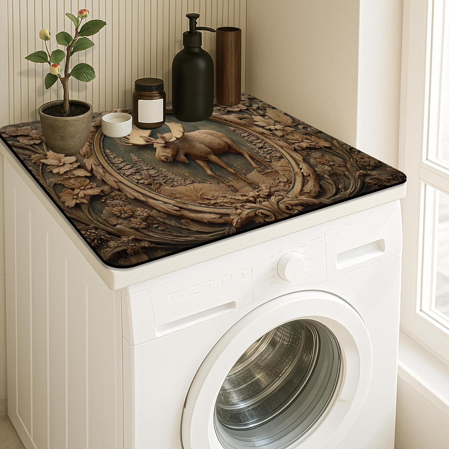 Moose Washer Dryer Top Protector Mat, Rustic Wood Carving Laundry Machine Dust Covers, Nature-Inspired Rubber Anti-slip Waterproof Washer And Dryer Mats for Laundry Room 24x24 Inch
