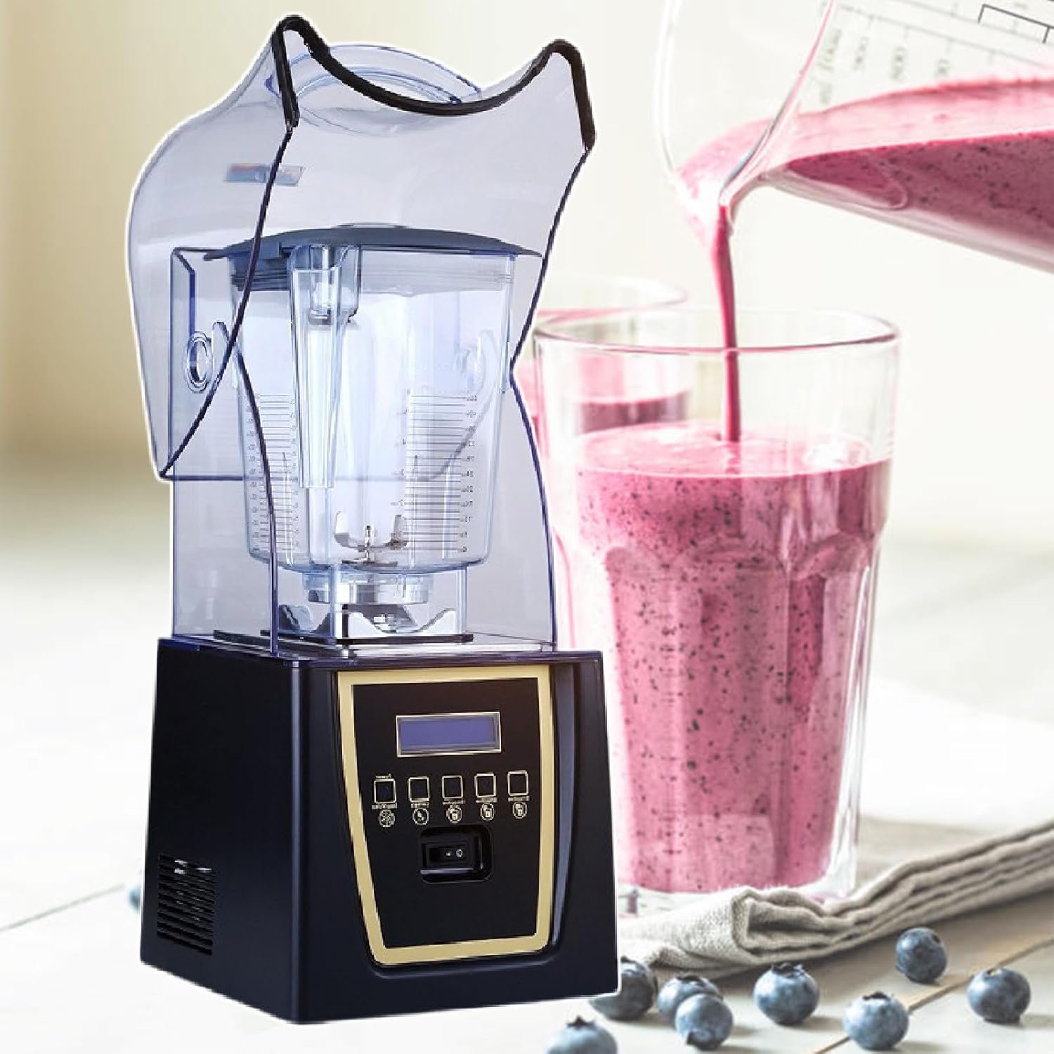 Professional Smoothie Blender, 1800W Commercial Soundproof Quiet blender with Removable Soundproof Shield for Crushing Ice, MilkShakes, Puree, Self-Cleaning,220V