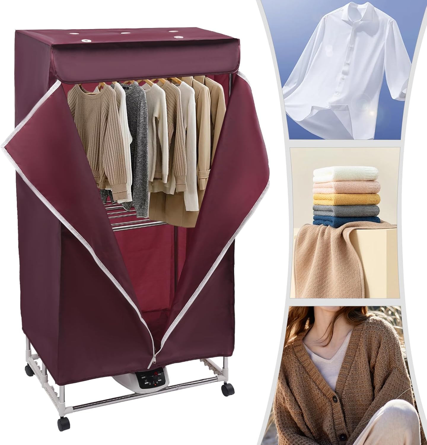 Portable Clothes Dryer, 1500W Power Electri with Timer, Laundry Apartment Dryer 2-Tier Electric Clothes Dryer Machine Stackable Clothes Drying Rack for Travel, Apartments, RV, Home(Wine Red)