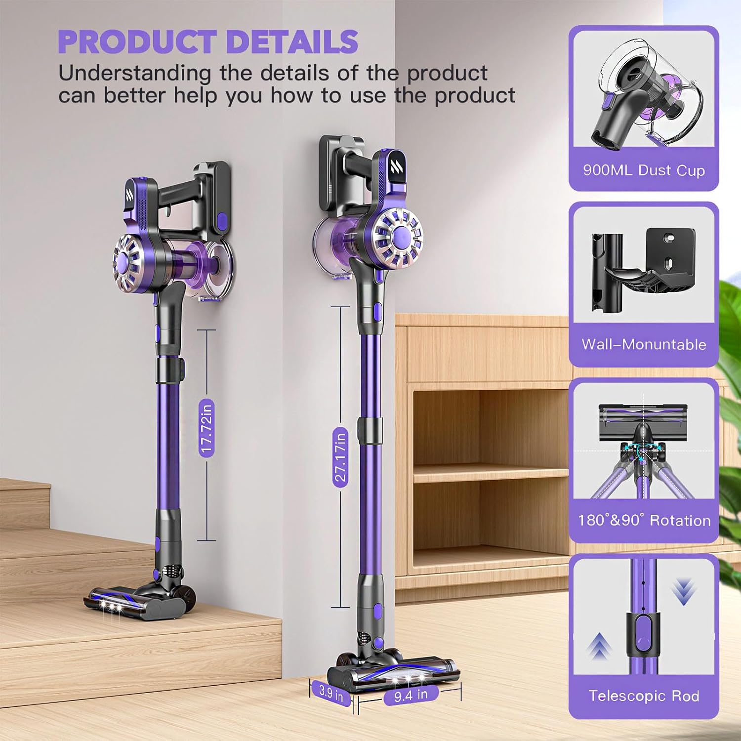 Cordless Vacuum Cleaner,Vacuum Cleaners for Home with Super Suction,Lightweight Stick Vacuum with 35 Mins Runtime,Rechargeable Cordless Vacuum for Pet Hair, Hardwood Floors(Black Purple)