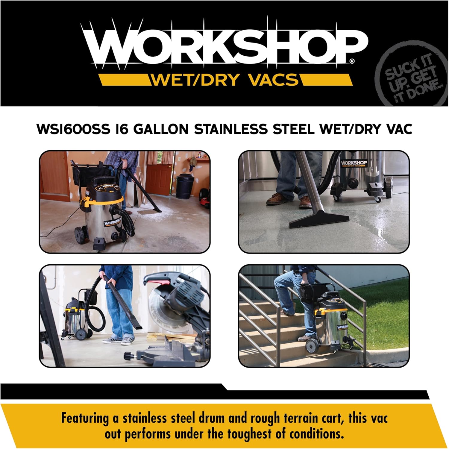 WORKSHOP Wet/Dry Vacs Shop Vacuum WS1600SS 16-Gallon 6.5 Peak HP Stainless Steel Wet Dry Vacuum Cleaner with Filter, Dust Bag, Hose, Attachments and Cart for Heavy Duty Professional Cleaning