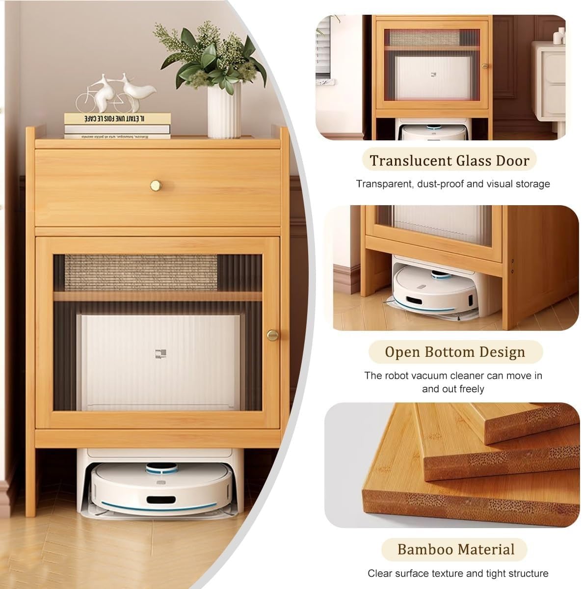 Vacuum Cleaner Storage Cabinet, Robot Vacuum Storage Side Table End Table Cabinet for Living Room, Home, Office, Entrance, Corridor(Natural)