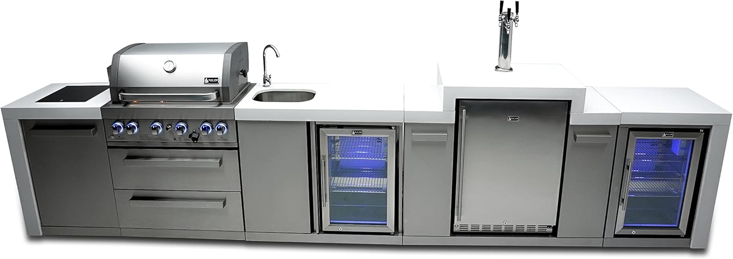 Mont Alpi MAi400-DKEGBEVFC 32-Inch 4-Burner 78000 BTU Deluxe Island Outdoor Kitchen Bar Gas Grill w/ 3 Beer Tap Kegerator Keg Dispenser + Wine Cooler Beverage Center Refrigerator & Granite Countertops