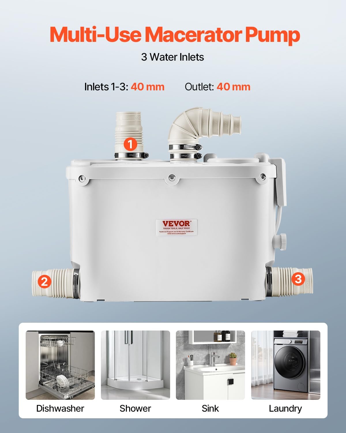 VEVOR 500W Utility Sink Pump, 29 GPM Flow, 26 ft/8 m Head, Macerator Sewerage Sump Pump with 3 Water Inlets for Basement, Kitchen, Sink, Shower, Bathtub, Laundry Waste Water Disposal Upflush Machine