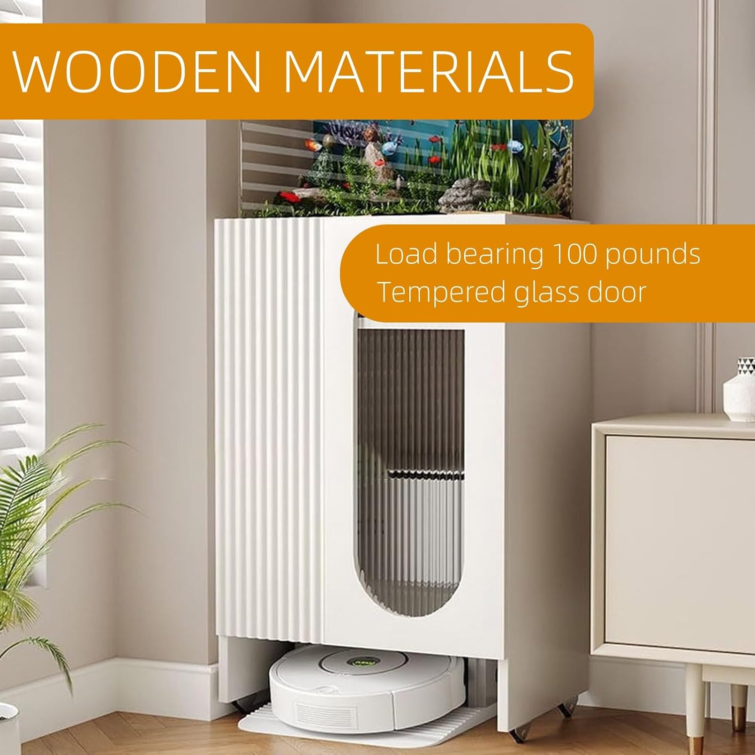 Sweeping Robot Storage Rack with Tempered Glass Door Robot Vacuum Pet Hair Cabinet Vacuum Storage Cabinet for Living Room Office Side Table with Storage Cabinet(Brown)