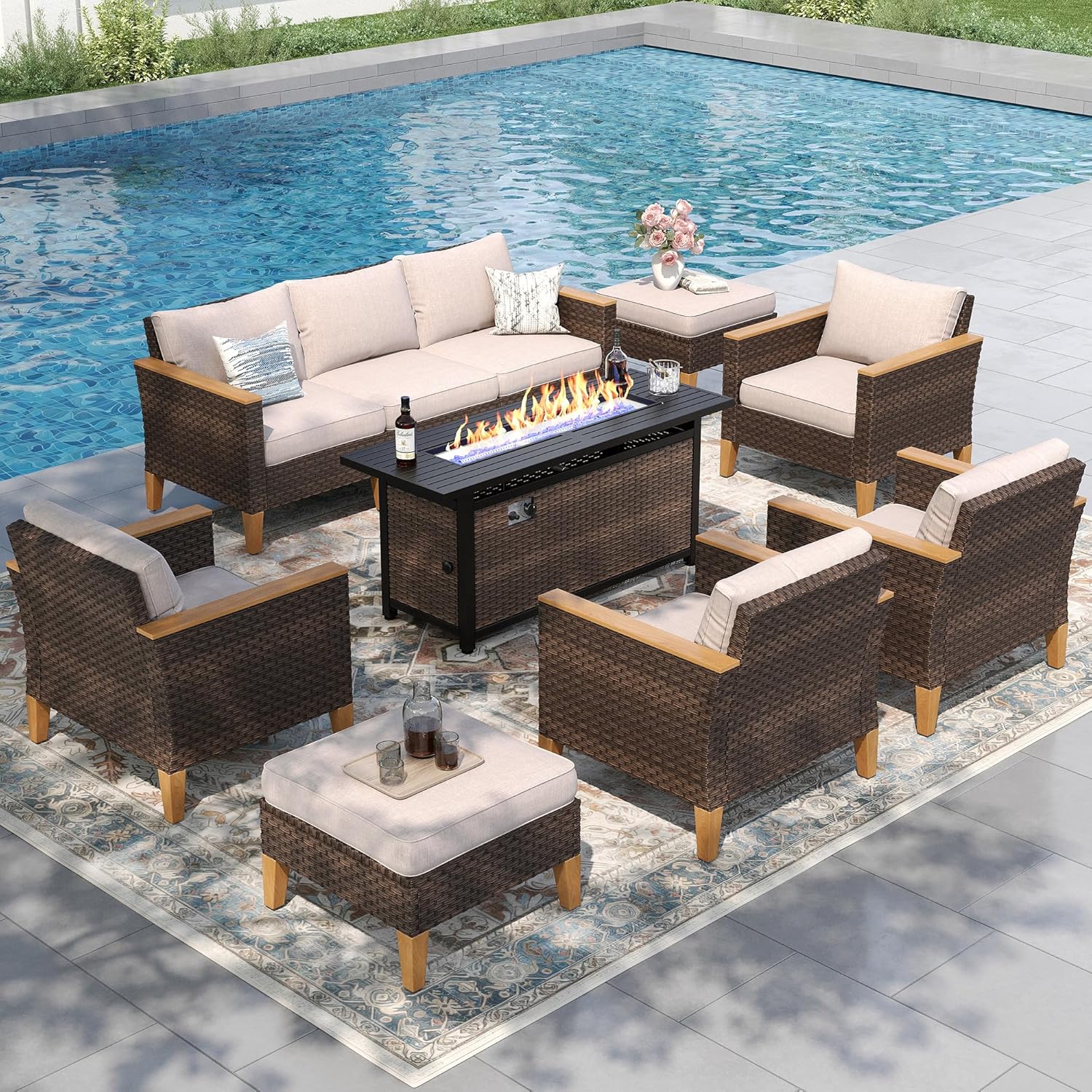 PHI VILLA 9-Seat Outdoor Wicker Furniture Set with 4-inch Thick Cushions, High Back Wicker Sofa with Gas Fire Pit Table for Cozy Patio Conversations in Elegant Beige (3 Seat Sofa)