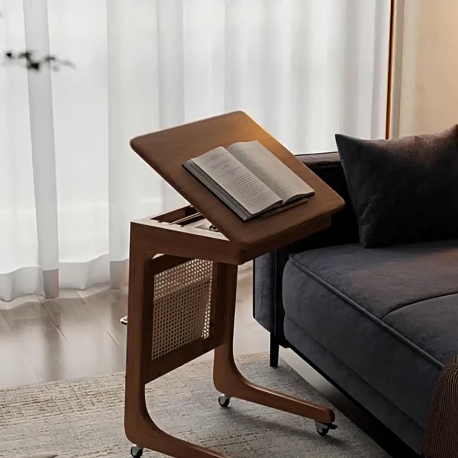 Wooden Robot Vacuum Cabinet with Wheels, Vintage Storage Cabinet for Vacuum with Decorative Rattan, Multipurpose Side Table for Living Room & Bedroom, 18.9/23.6