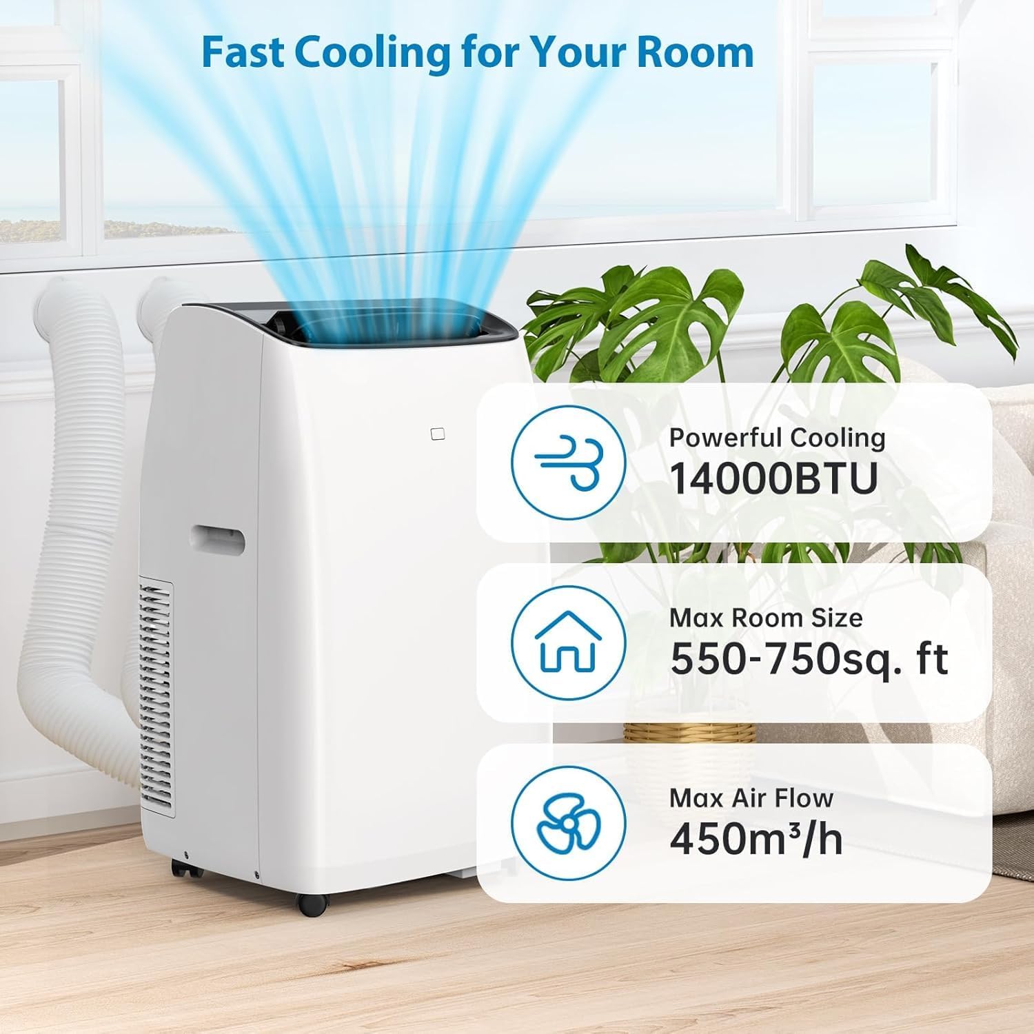 14000 BTU Inverter Portable Air Conditioner Heater and Dehumidifier for Large Rooms Up to 750 Sq Ft Ultra Quiet 42dB Dual Hose Design with Remote Control and 24H Timer