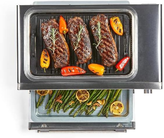 Emeril Power Grill 360, 6-in-1 Countertop Convection Toaster Oven with Top Indoor Grill, Air Fry, Roast, Toast, Bake, Dehydrate, Glass Lid, Stainless Steel