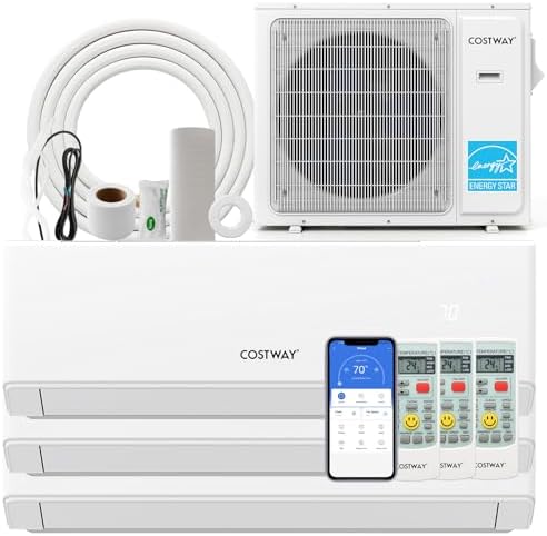 COSTWAY 30k Tri 3 Zone Mini Split Air Conditioner, 23 SEER2, 9k+9k+9k BTU, 208-230V, Wifi Enabled Multi Zones Mini Split AC Heat Pump Full Set, Ductless Energy Star
