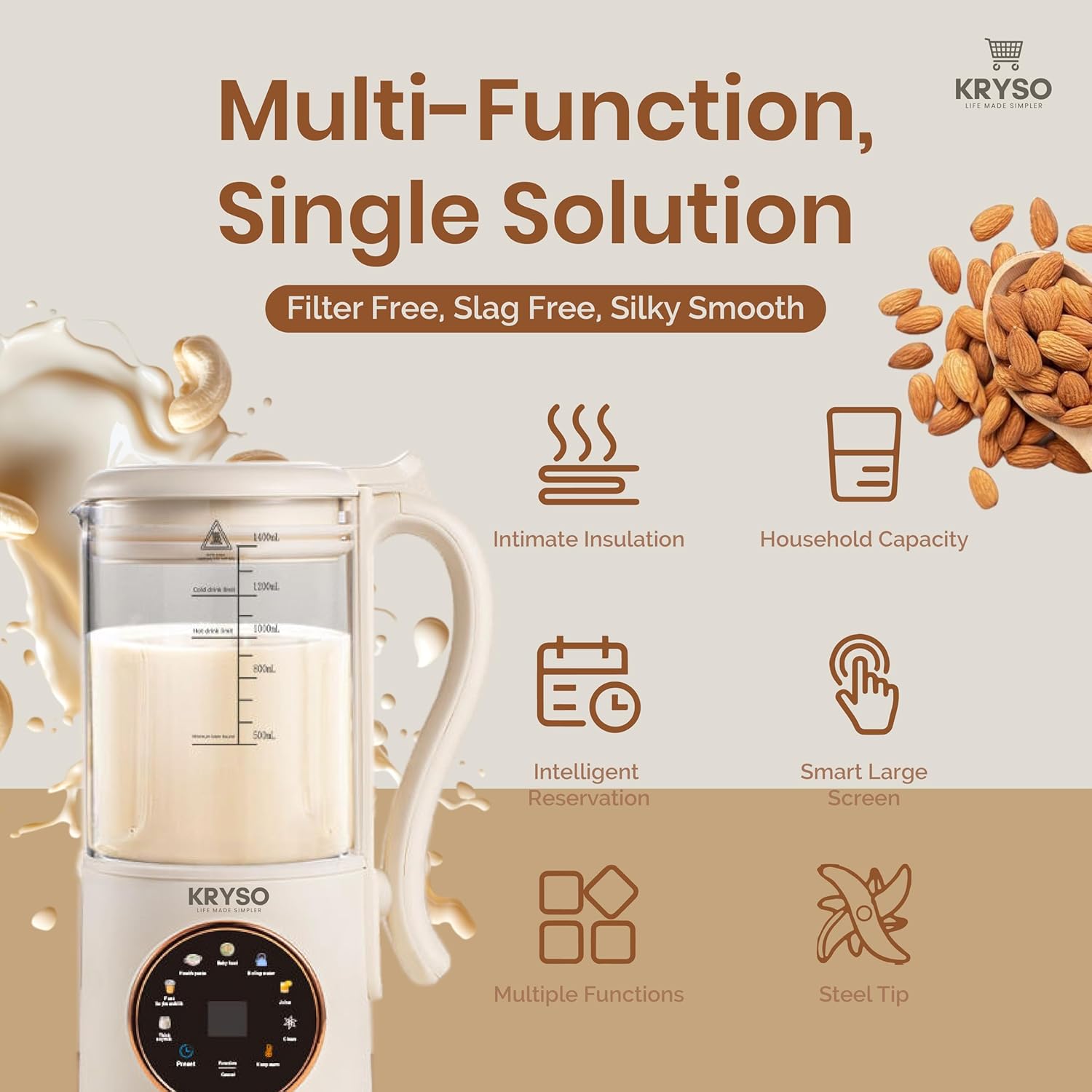 KRYSO 48OZ 8-in-1 Nut Milk Maker Machine, Automatic Kitchen Appliance with Milk Frother | Almond, Soy, Oat & Plant-Based Drinks | Self-Cleaning, Keep Warm, Juice & Soup Maker