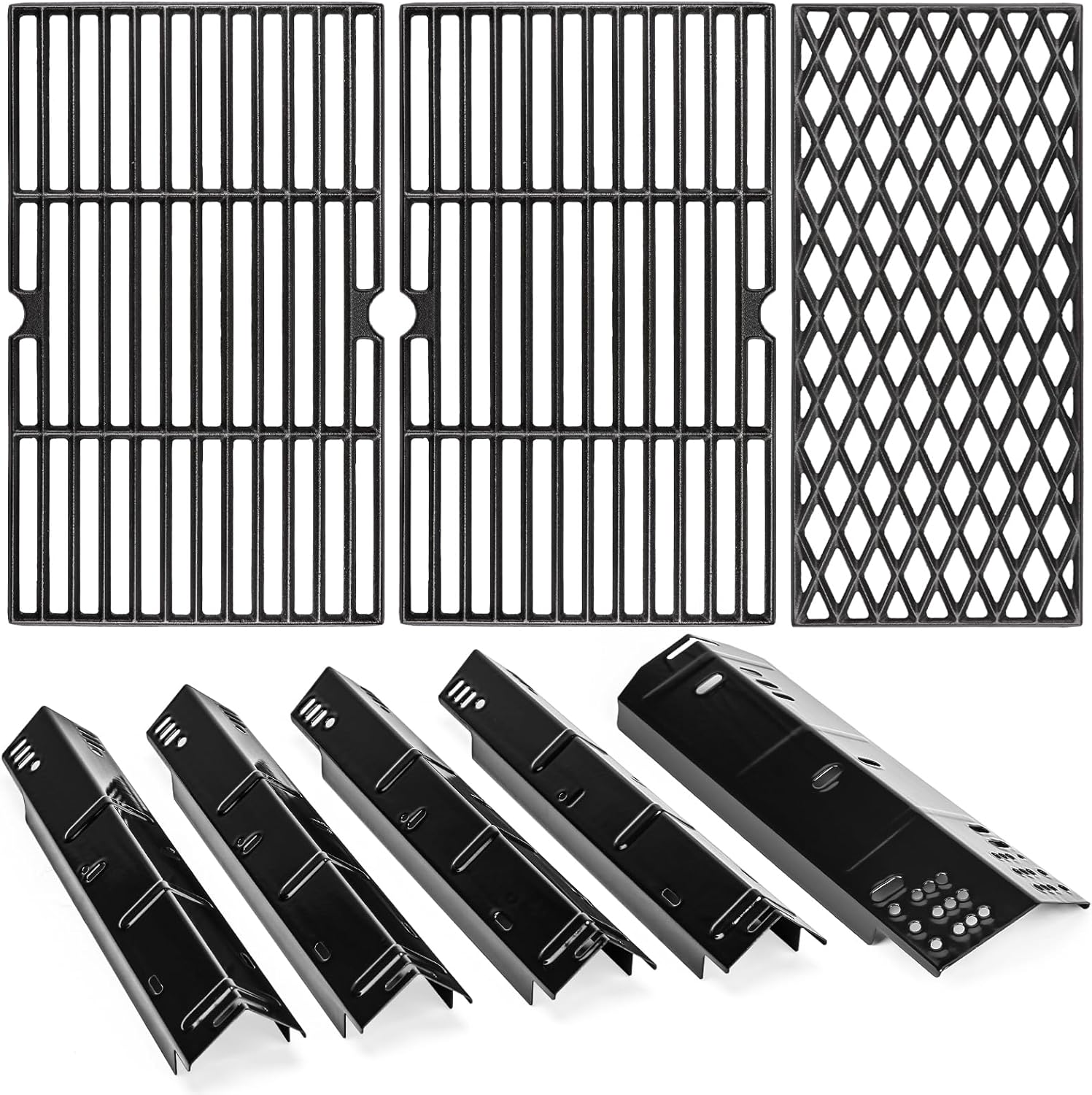 Uniflasy Grill Replacement Parts for Dyna-Glo DGH474CRP,DGH485CRP,Grill Part Kit for Dyna-Glo 3/4/5 Burner Grill,5-Pack Porcelain Steel Grill Heat Plates, 3-Pack Cast Iron Cooking Grates