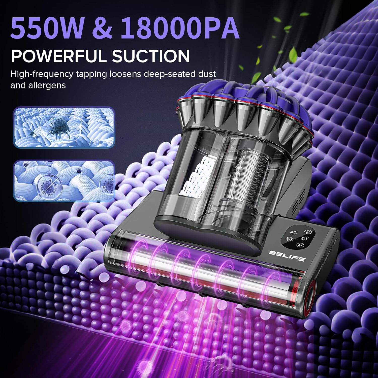 Belife M8 Mattress Vacuum Cleaner, Anti-allergen Bed Vacuum Cleaner with UV & Hot Air & High Heating, 550W 18Kpa Powerful Suction Double-Cup Handheld Vacuum for Bed, Couch, Sofa, Corded (Black)