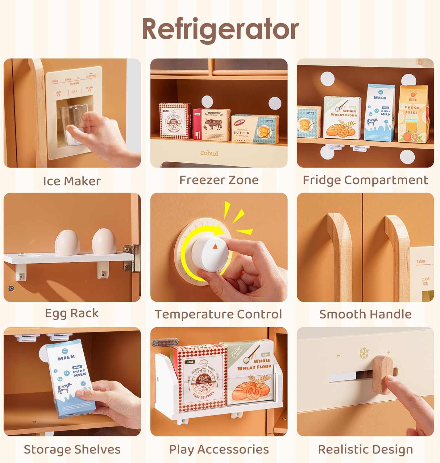 ROBUD Wooden Play Kitchen, 4-in-1 Kids Kitchen Playset with Fridge, Washing Machine, Dishwasher, Toddlers Role Play Kitchen Set Gift for Boys & Girls, Age 3+ (Caramel)