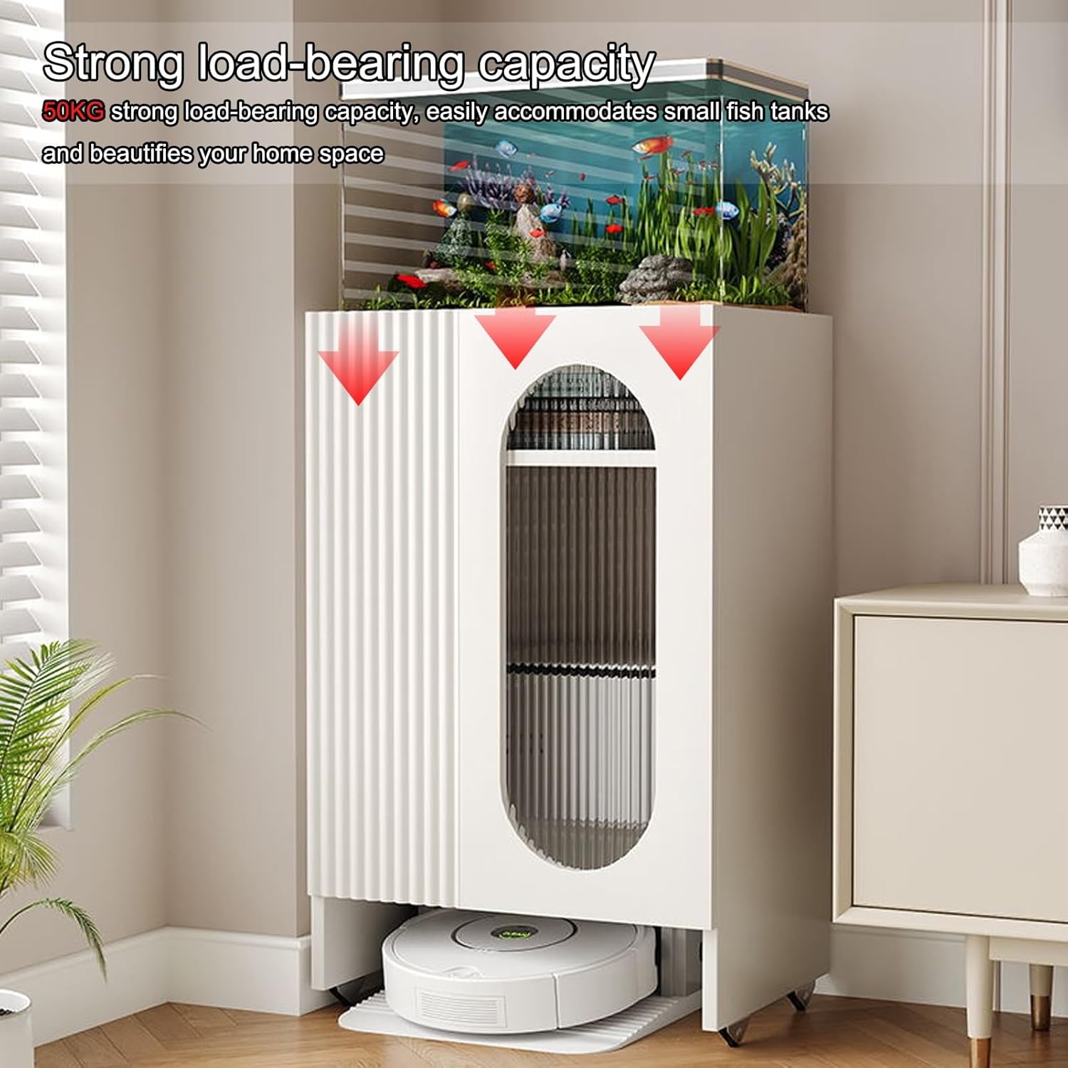 Storage Cabinet with Door for Robot Vacuum, Robot Vacuum Hiding Cabinet, with Wheels Household End Side Table, Wood Organizer Stand for Living Room, Home Office(Champagne)