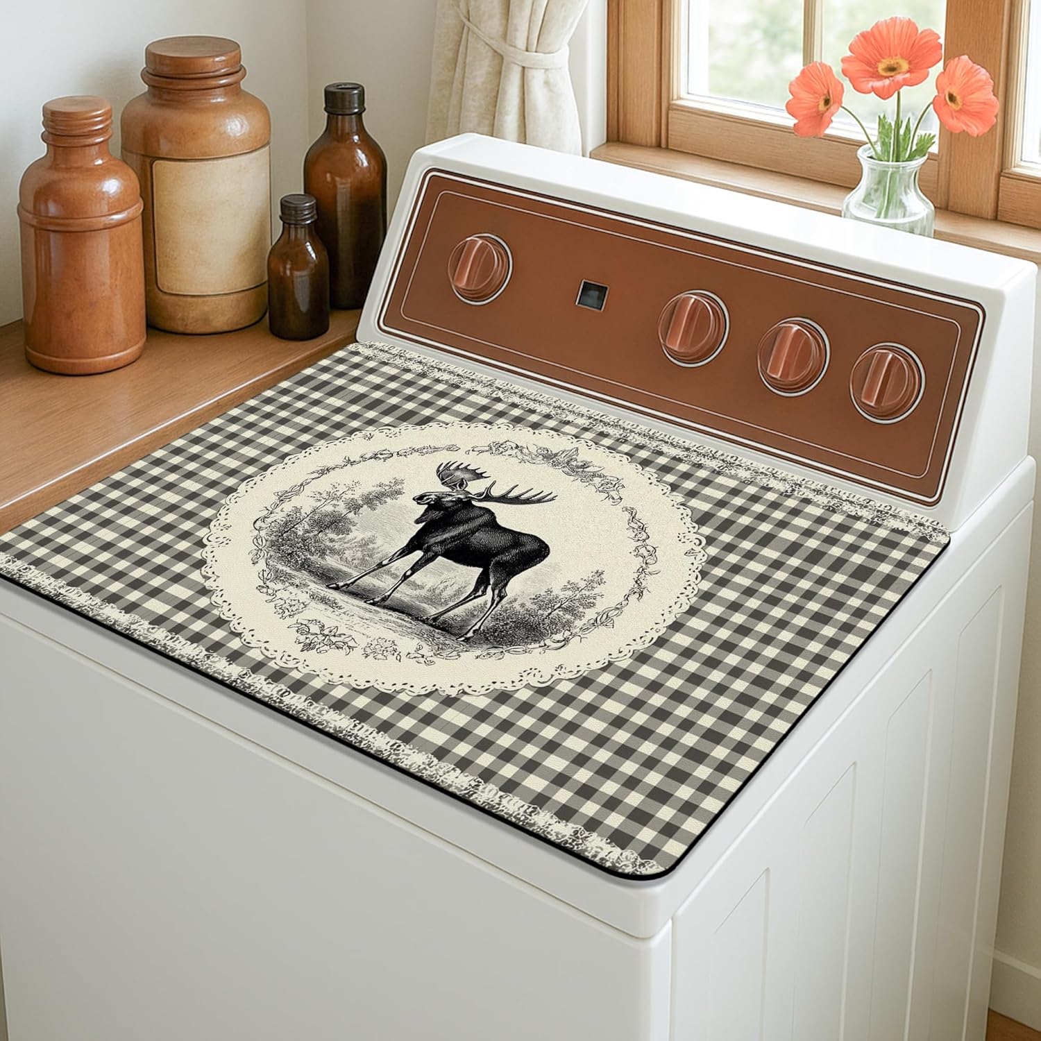 Moose Washer Dryer Top Protector Mat, Vintage Rustic Animal Laundry Machine Dust Covers, Fall Decorative Rubber Anti-slip Waterproof Washer and Dryer Mats for Laundry Room 20x24 Inch