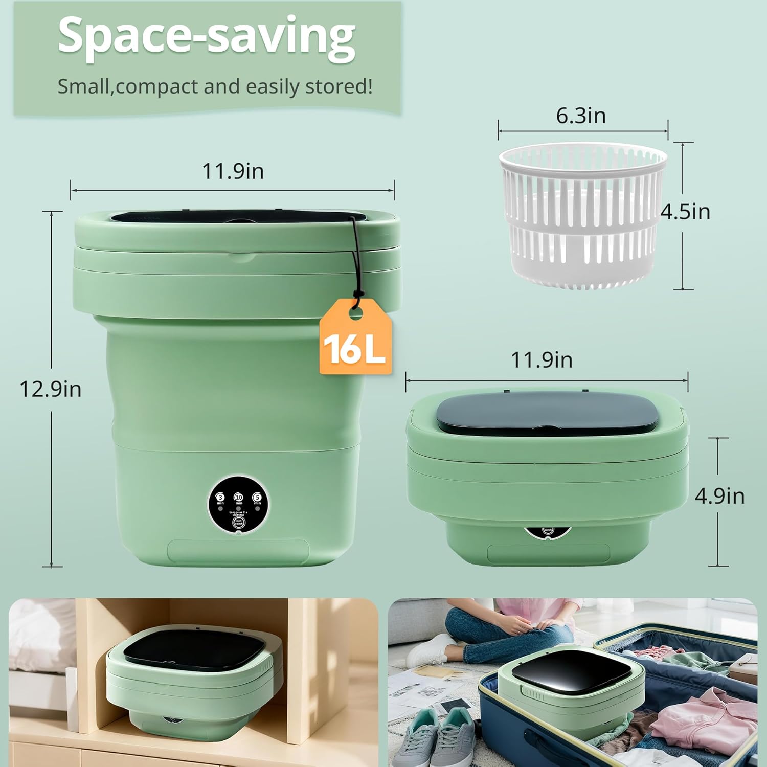 Portable Washing Machine, Mini Washer, 16L Upgraded with Spin Basket, Foldable Design Ideal for Apartment, Home and Hotel, portable washer 3 Cleaning Modes Suitable for Small Clothes