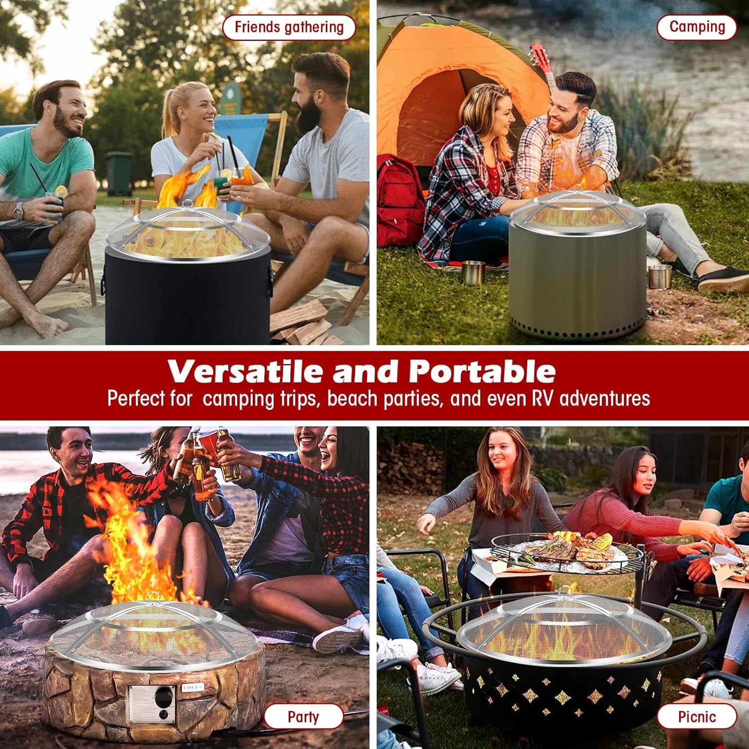 Fire Pit Spark Screen,40 Inch Fire Pit Screen Cover Stainless Steel Outdoor with Handle&Poker,Firepit Screens Cover Round Mesh Lid Heavy-Duty Steel Replacement for Backyard/Beach/RV Camping