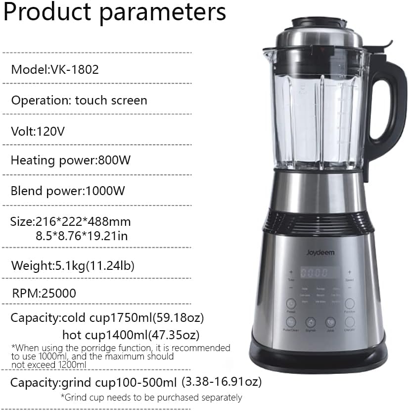 Joydeem Countertop Blender VK-1802, Cooking Blender for Soy Milk Soup Porridge and Milkshake, Juicer with Vacuum Pump, Support Pre-set & Keep Warm, 59Oz,1000W, Black