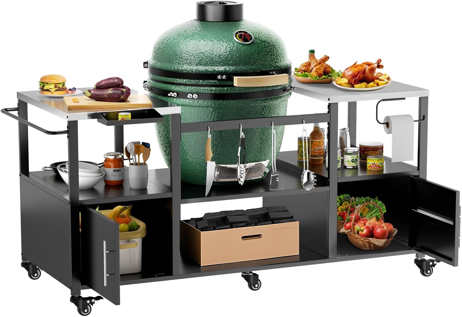 Outdoor Grill Table for Big Green Egg Style BBQ, Metal Grill Cart with Storage Box, Compatible with up to Large Green Egg, Kamado Joe Jr