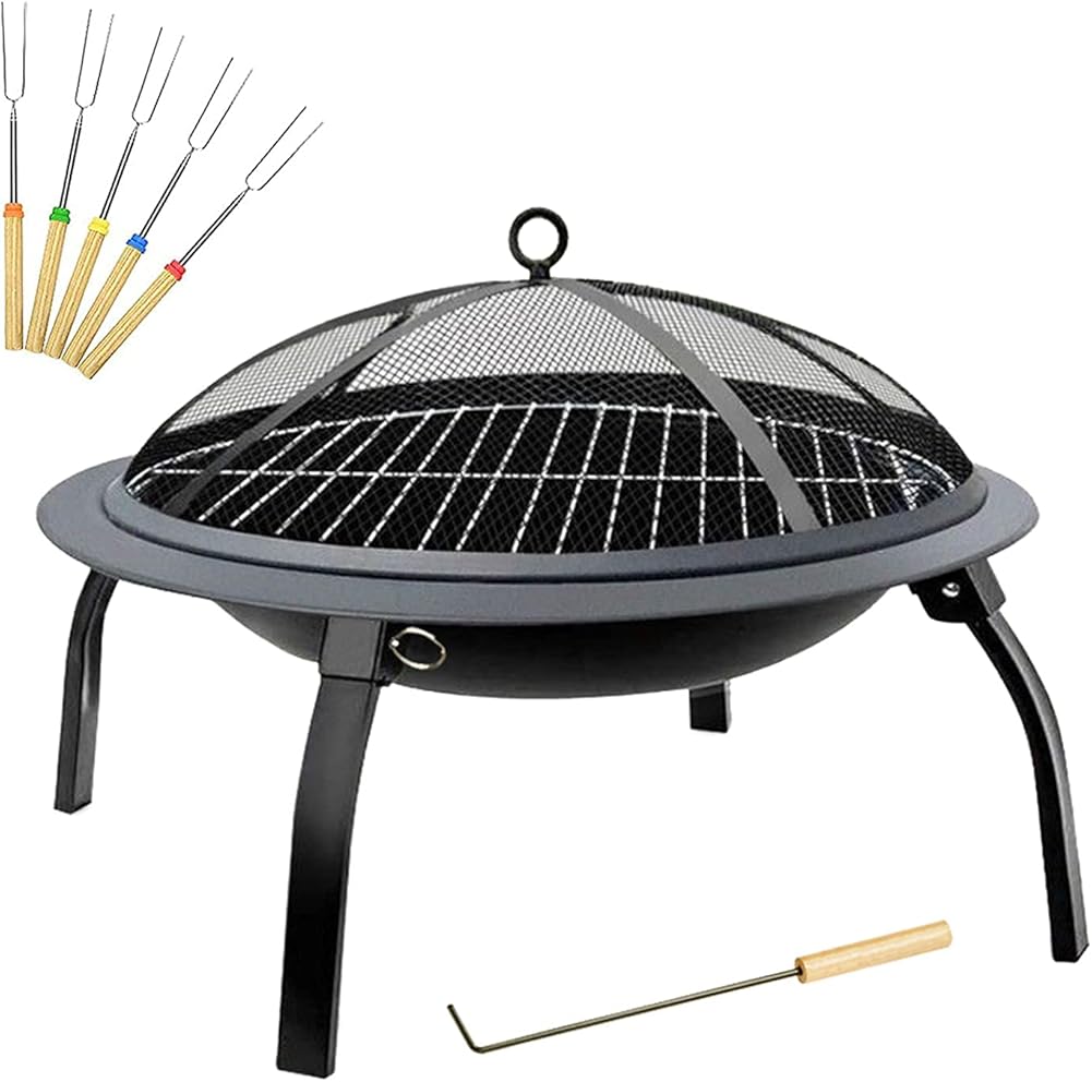 Wood Burning Steel Grill Fire Pit Bowl with Mesh Fire Pit Outdoor Fireplace