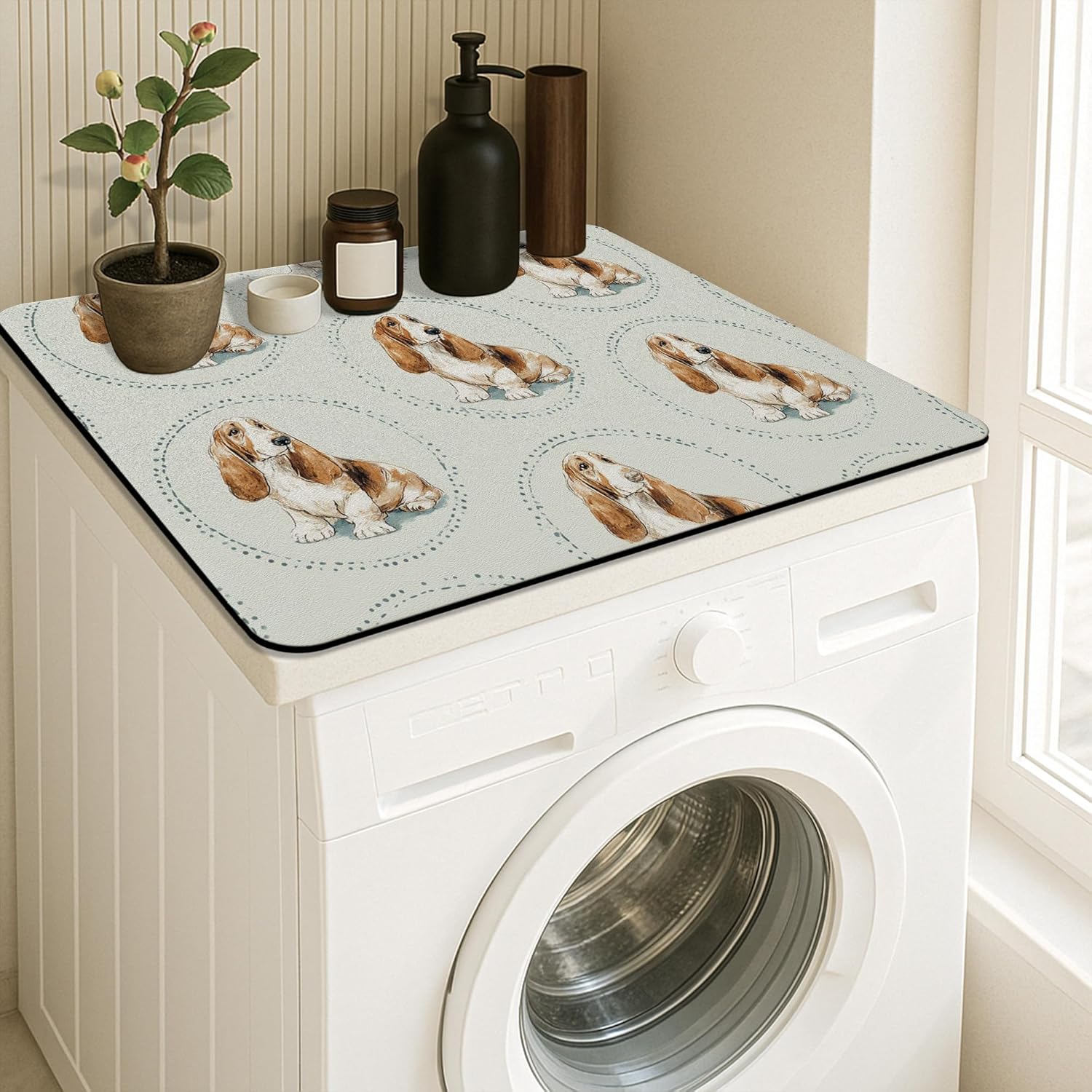 Basset Hound Washer Dryer Top Protector Mat, Vintage Animal Illustration Laundry Machine Dust Covers, Cozy Rubber Anti-slip Waterproof Washer And Dryer Mats for Home 24x24 Inch