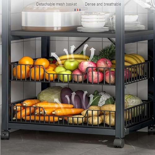 Kitchen Baker’s Rack with Storage Shelves, Microwave Oven Stand with Wheels, Industrial Metal Utility Shelf(Black)