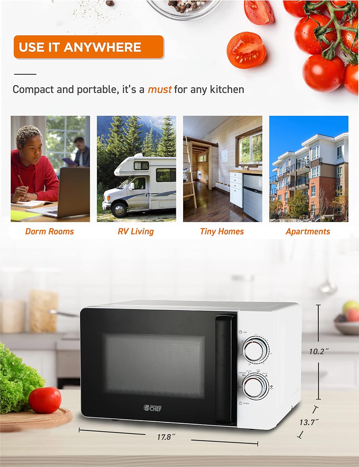 Commercial CHEF Small Microwave 0.7 Cu. Ft. Countertop Microwave with Mechanical Control, White Microwave with 6 Power Levels, Outstanding Portable Microwave with Convenient Pull Handle