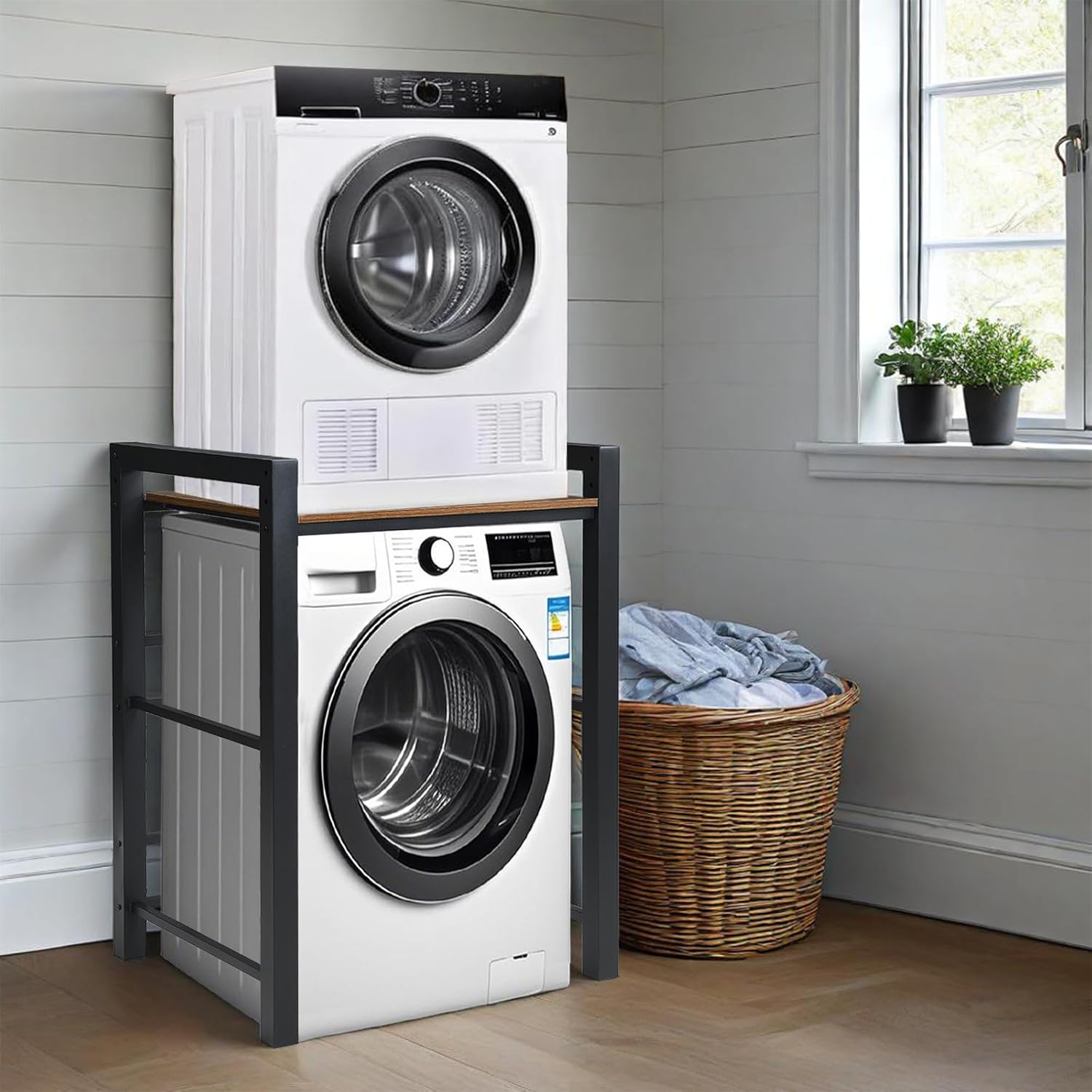 Portable Washer and Dryer Stand, Heavy Duty Steel Shelf Over Washer and Dryer, Laundry Room Organizer with Adjustable Laminate, Washing Machine Shelf for Bathroom and Laundry Room (Black)