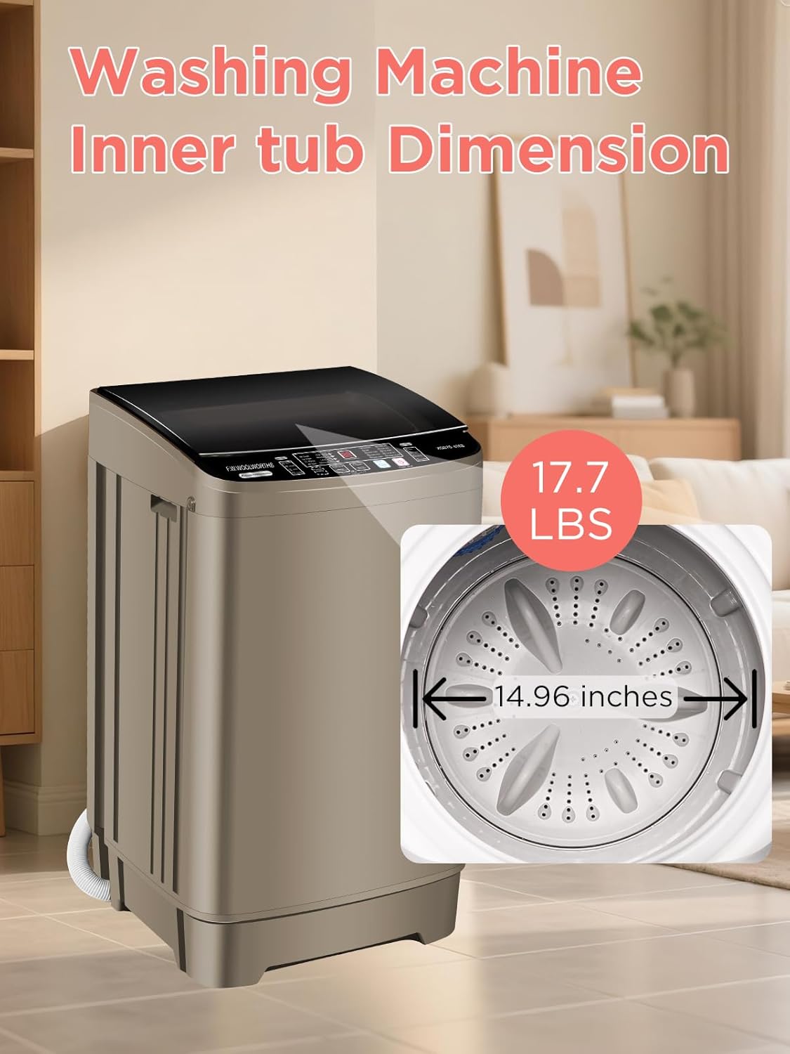 17.7 lbs Full Automatic Washing Machine with Spin Dryer - 10 Wash Programs, 8 Water Levels, LED Display, Drain Pump, Washer for Apartment, Dorm, Home, Gold