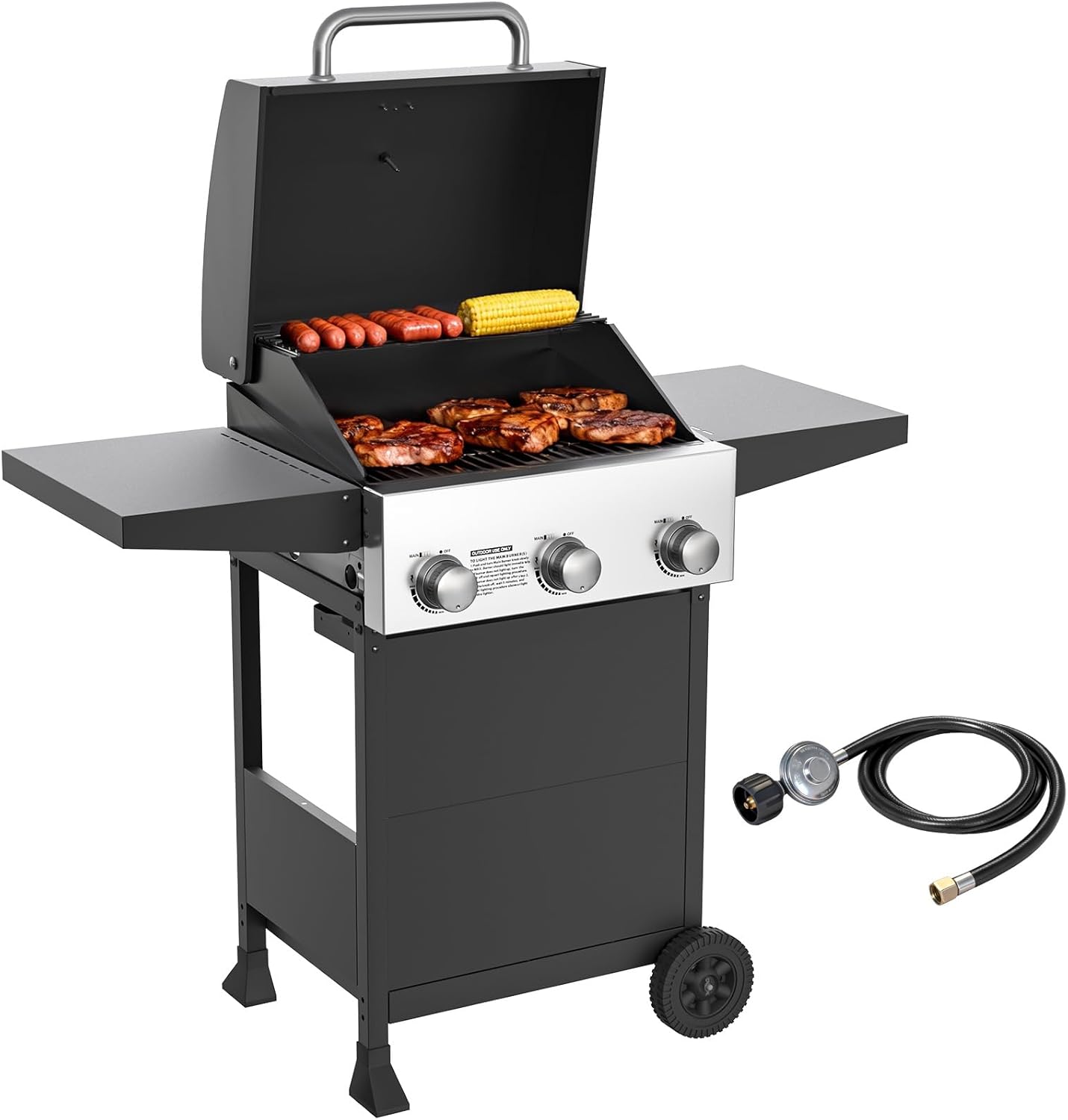 Veralune 3 Burner Propane Gas Grill, Outdoor Cooking Grill with Wheels, Stainless Steel Garden Barbecue Grill for Camping, Outdoor Cooking Kitchen and Patio Backyard Barbecue