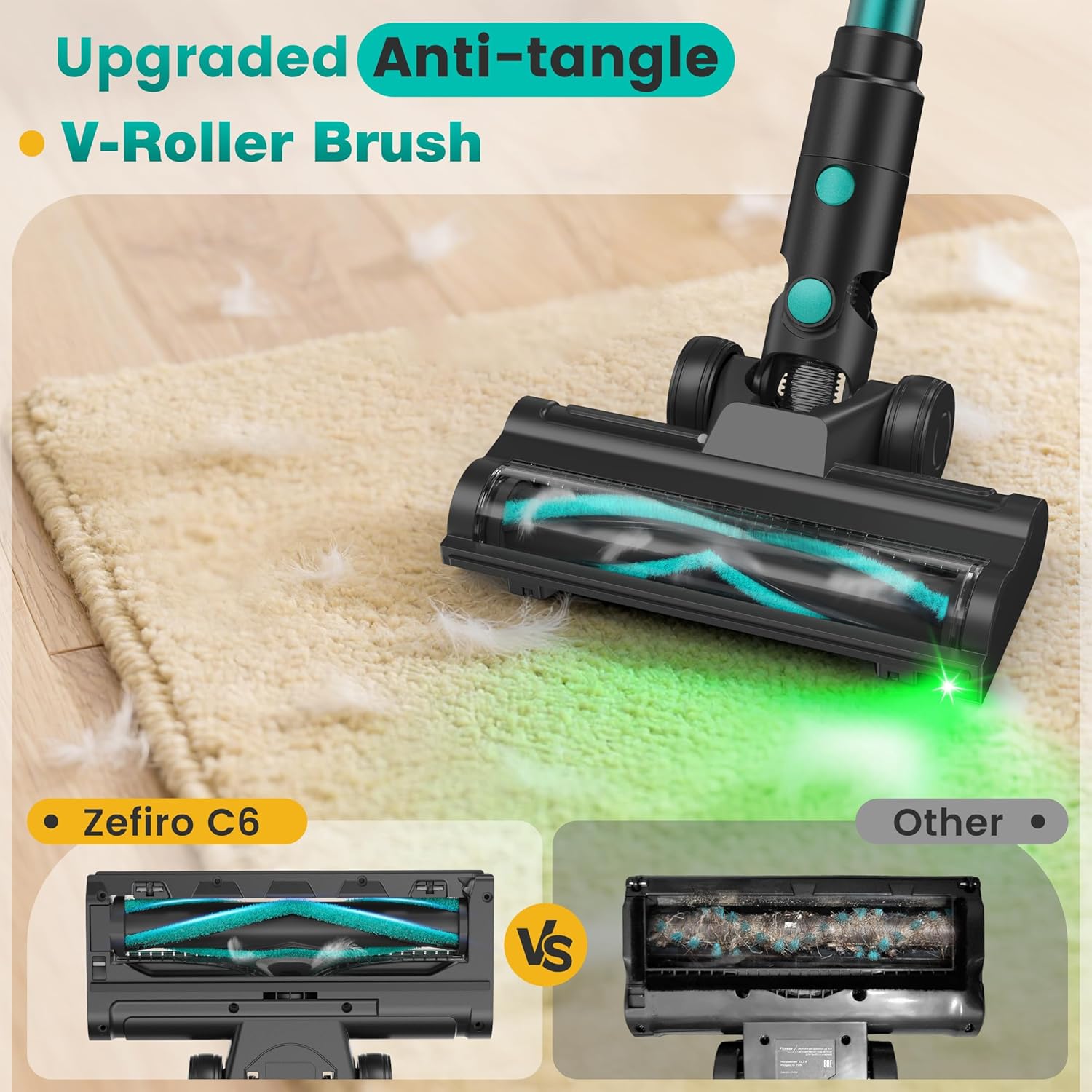 Zefiro 350W Cordless Vacuum Cleaner,45Mins Runtime Vacuum Cleaners for Home, Anti-Tangle and 1.5L Dust Cup, 6 in 1 Lightweight Vacuum for Hardwood Floor Carpet Pet Hair