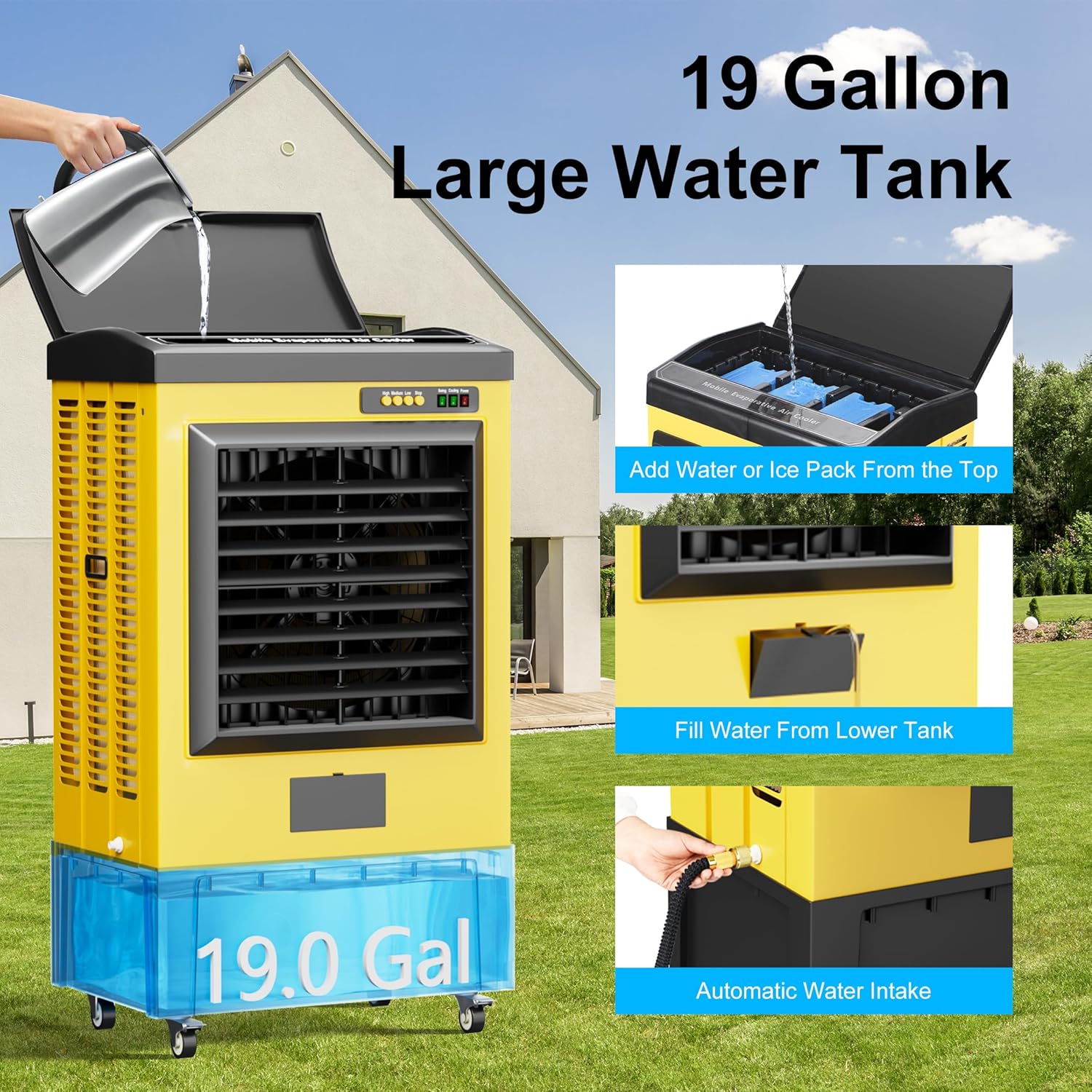 AKIRES 6500CFM Swamp Coolers,Evaporative Air Cooler for 1600Sq.ft of Space,with Continuous Auto Fill,19-Gal Water Tank,120°Oscillation,5 Ice Packs,Cooling Fan for Outdoor,Indoor Yellow(48IN)