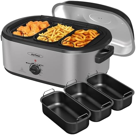 Sunvivi Electric Roaster Oven, Roaster with Removable 3-bin Buffet Server, 20 QT Turkey Roaster Oven with 150-450°F Full-Range Temperature Control, Removable Pan & Rack, Stainless Steel, Silver