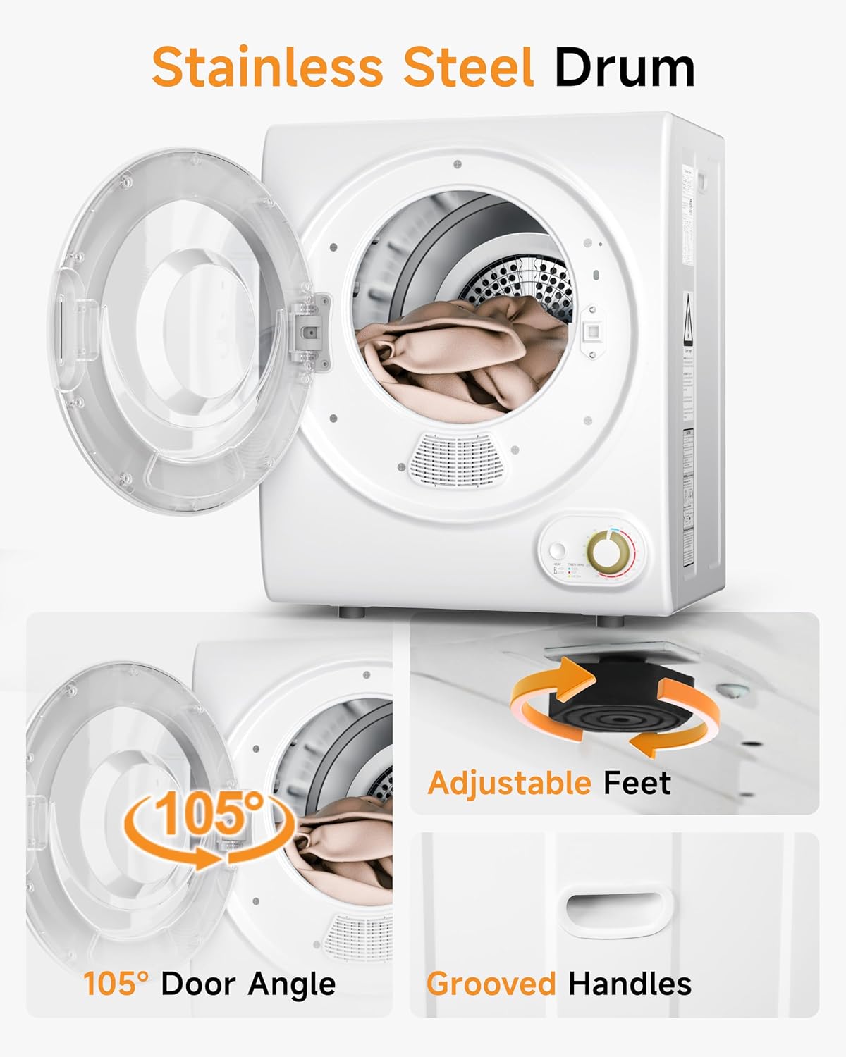 10 LBS Portable Dryer, 1.5 Cu.Ft. Portable Clothes Dryer with Knob Control, Stainless Steel Drum, Exhaust Pipe, 850W Drying Machine for Apartment, Dorm, Home, White