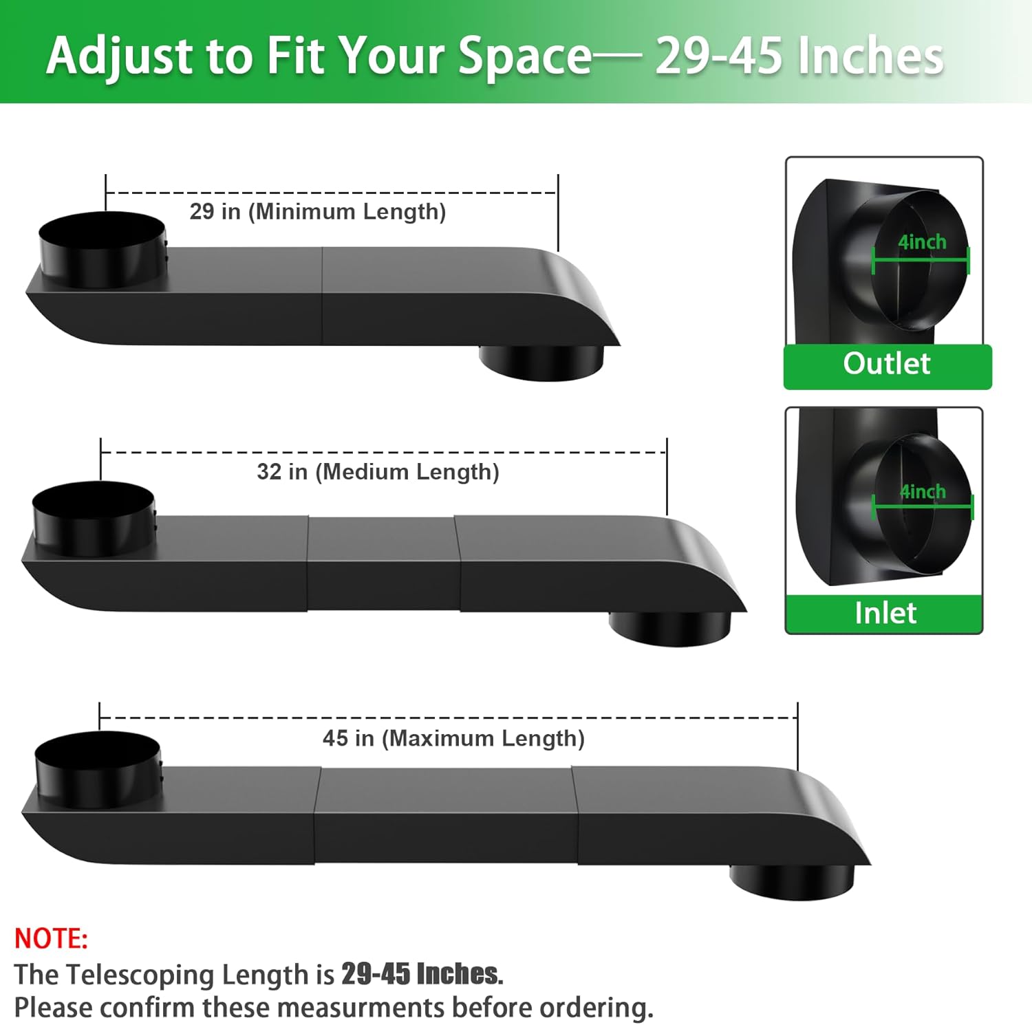 Periscope Dryer Vent Kit for Whirlpool, 29-45 Inch Stainless Steel Telescoping Duct, Low Profile Flat Vent for Tight Spaces, Universal 4 Inch Replacement with Foil Tapes