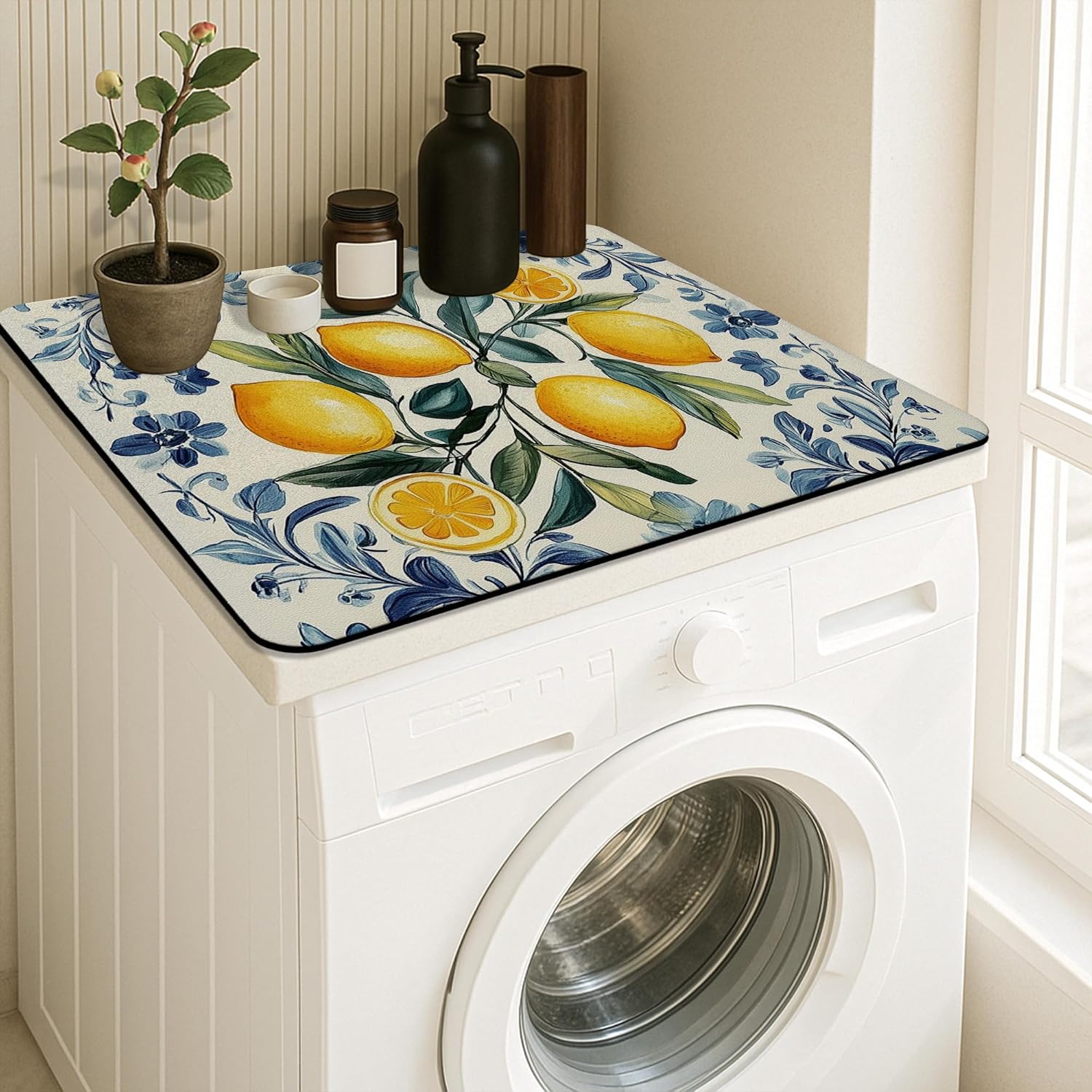 Lemon Blossom Washer Dryer Top Protector Mat, Vintage Botanical Laundry Machine Dust Covers, Summer Floral Rubber Anti-slip Waterproof Washer And Dryer Mats for Home 24x24 Inch