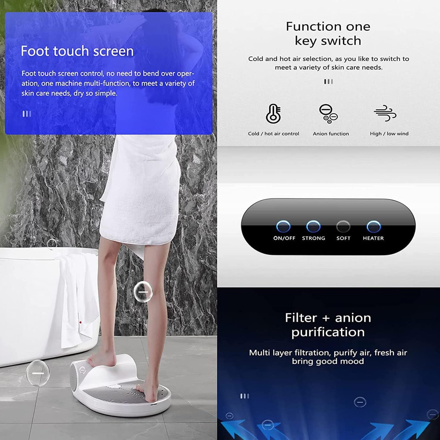 Body Dryer Negative Ion Full Body Dryer with 2 Gears Adjustment, Foot Dryer, Quick Air Drying, Heating and Cooling, Gravitation Sensing, for Home and Bathroom,110V