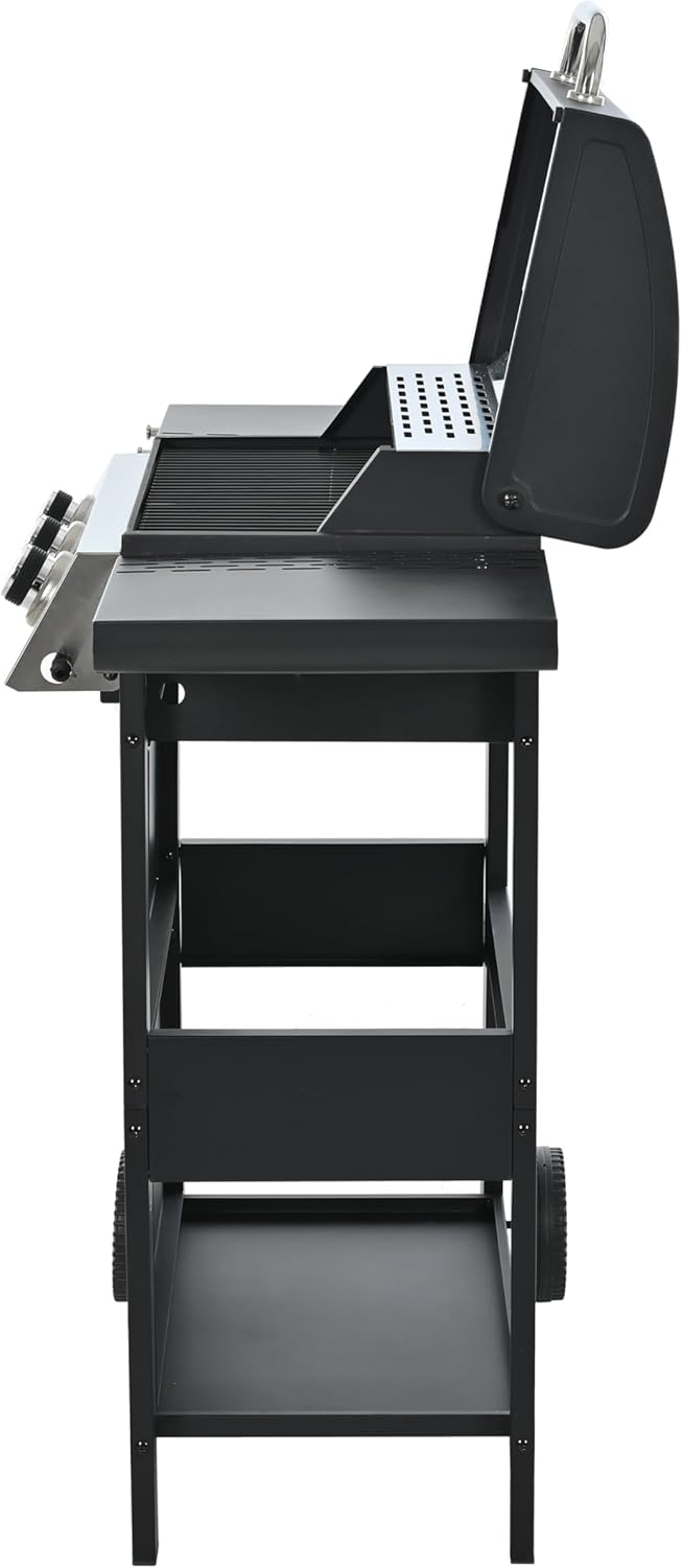 3-Burner Propane Gas Grill with Stainless Steel Construction, Integrated Ignition, Two Shelves, and Wheels, Outdoor Cooking