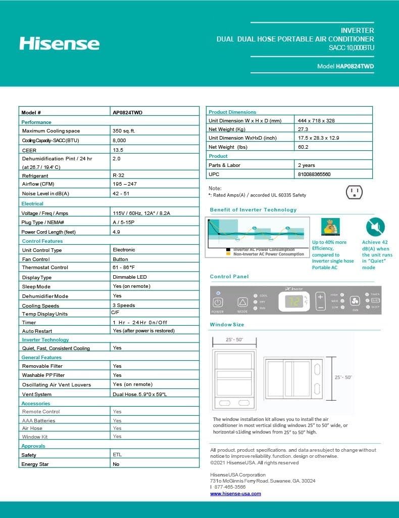Hisense 8,000 BTU Portable Air Conditioner with Dual Hose & Inverter, 350 Sq Ft, Wi-Fi, ConnectLife App for Google and Alexa, 3 operating modes, Noise 42 dB(A) - HAP0824TWD, White