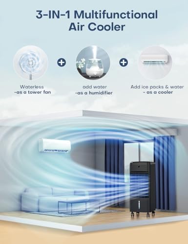 NOMEY 3-IN-1 Portable Air Conditioners 4 Modes & 3 Speeds, Waterless Alert System, 12H Timer, 1 Gal Detachable Water Tank, 4 Ice Packs, Remote, 70° Oscillation Windowless Evaporative Air Cooler