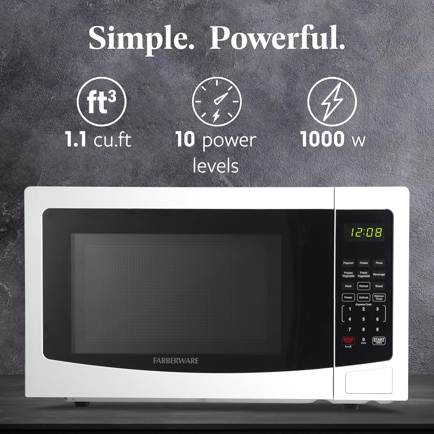 Farberware 1.1 Cu. Ft. Countertop Microwave Oven – 1000 Watts Power, Auto Cook Settings, Defrost, Easy Clean and Child Safety Lock - White