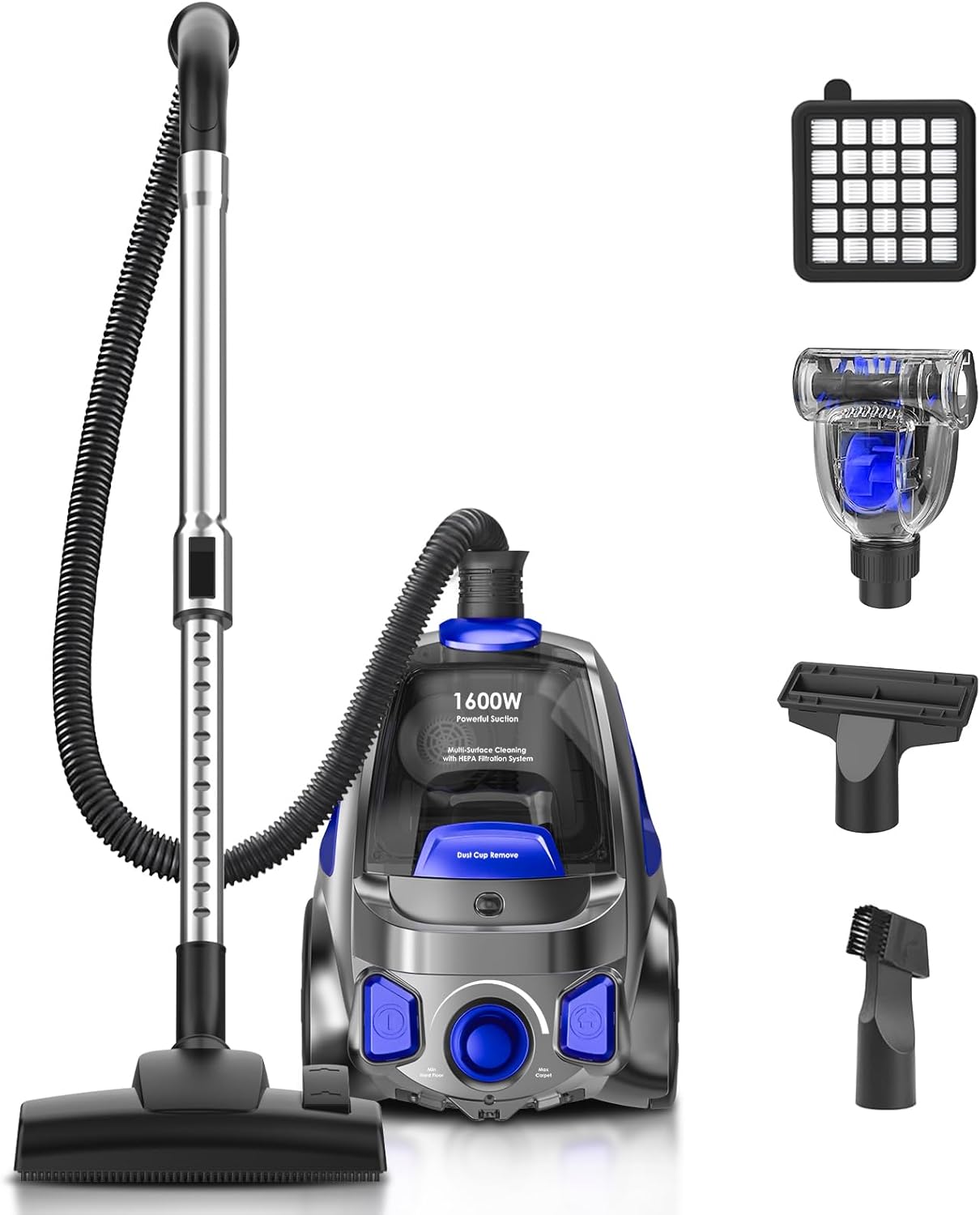 Canister Vacuum Cleaner, 40Kpa 1600W Cyclon Power, Dust Full Indicator, Double HEPA Filters, 3.7Qt Large Capacity, Lightweight Vac for Hard Floors, Carpets, Pet Hair, Blue