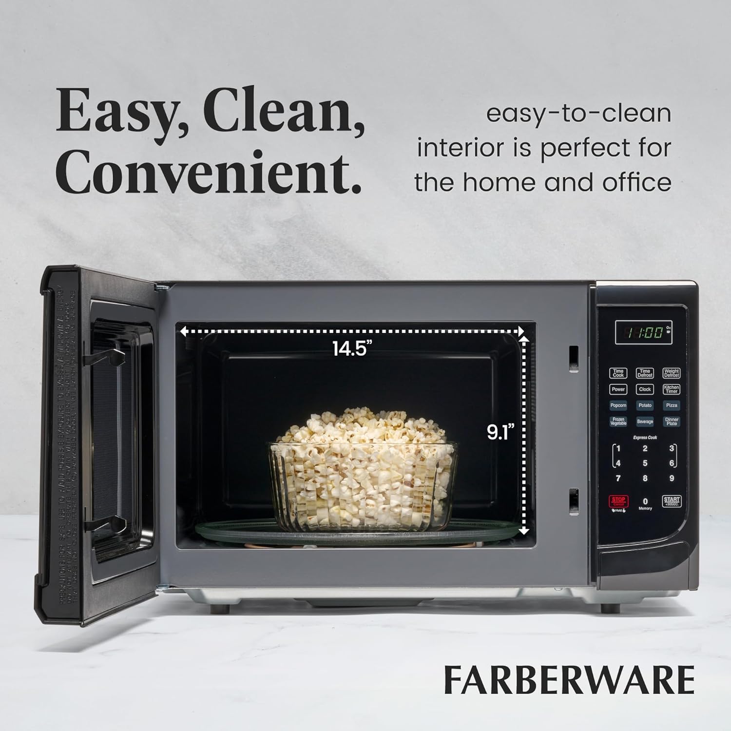Farberware 1.1 Cu. Ft. Countertop Microwave Oven – 1000 Watts Power, Auto Cook Settings, Defrost, Easy Clean and Child Safety Lock - Black