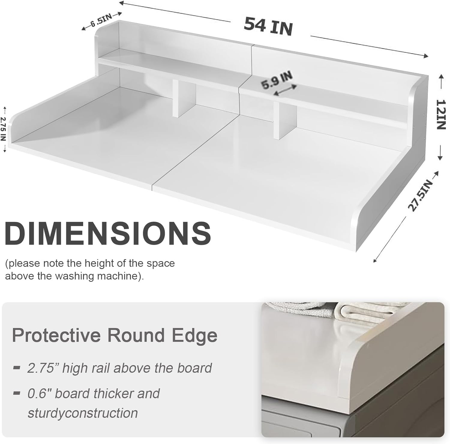 Washer Dryer Countertop, 2-Tier Laundry Countertop with Edge Rails, 54
