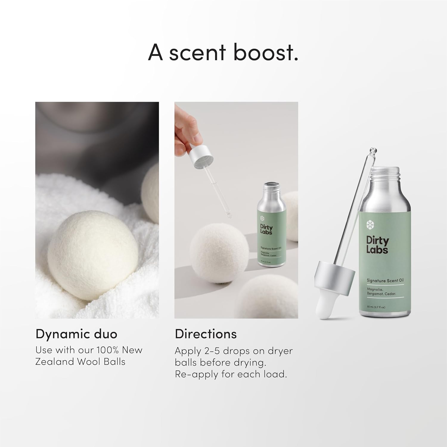 Dirty Labs | Signature Scent | Laundry Fragrance Oil and Glass Dropper | 80mL (2.7 fl oz) | Magnolia, Bergamot, and Cedar Blend | Laundry Scent Booster | Pairs with Dryer Balls | Hypoallergenic