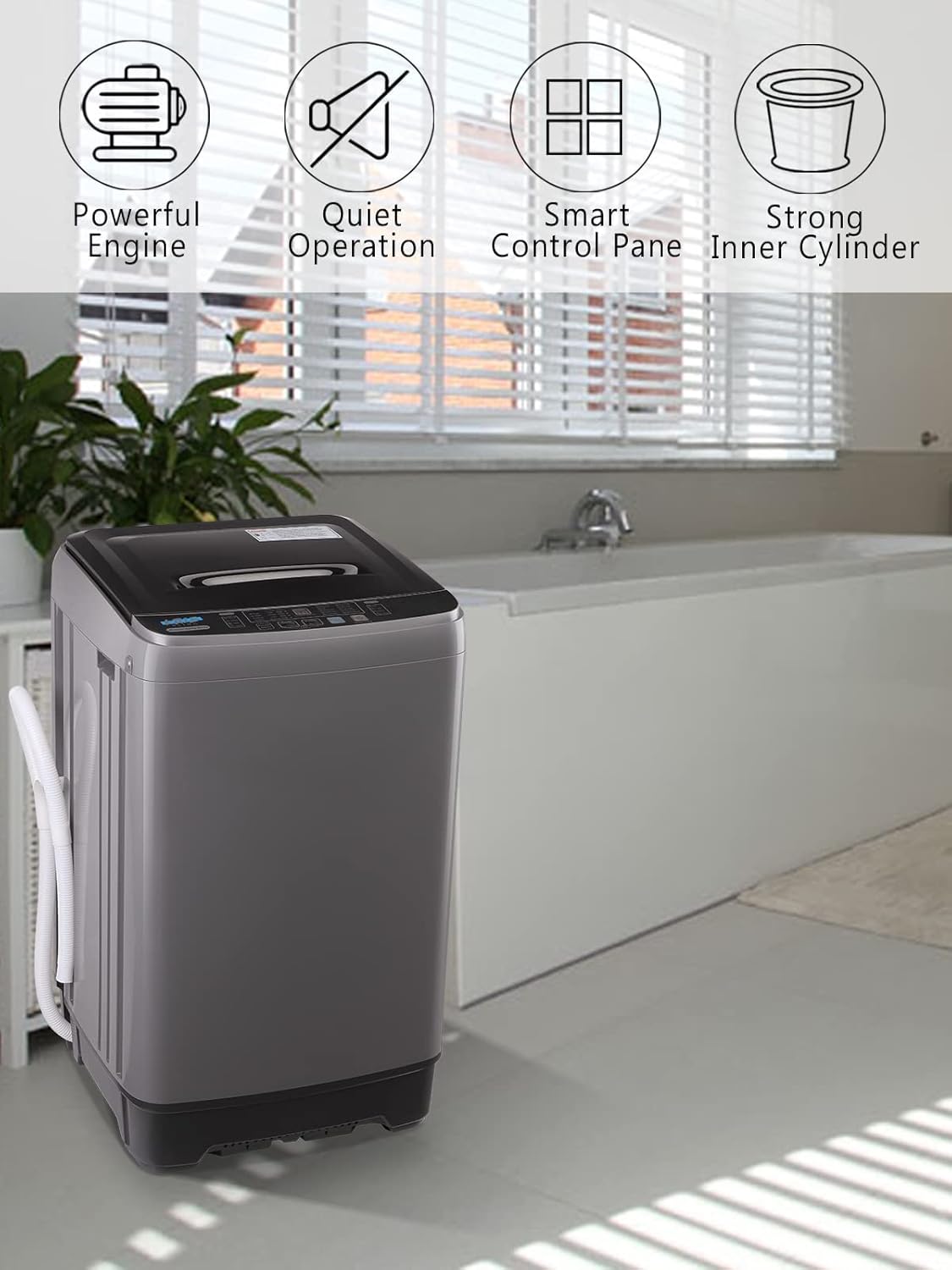 Full-Automatic Washing Machine with Drain Pump, 17.7 lbs Compact Washer, 10 Wash Program & 8 Water Level, Ideal for Apartment, Dorm, Grey