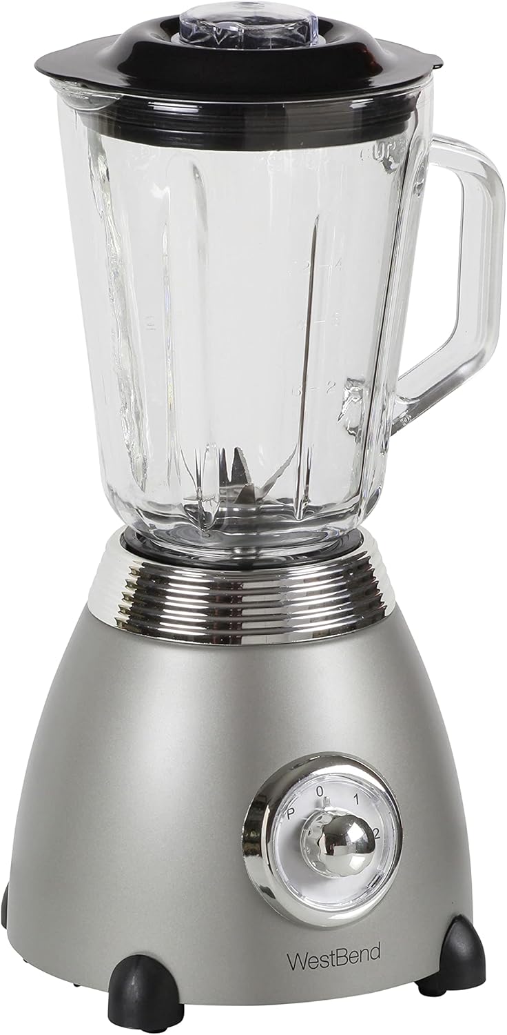 West Bend Blender Retro-Styled 3 Speeds with 48 oz Glass Blending Jar and Stainless Steel Blade, 500-Watts, Gray