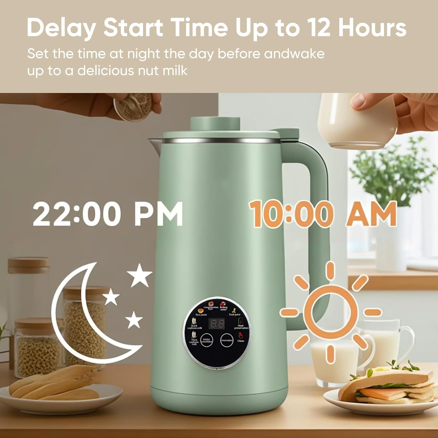 Soy Milk Maker Machine, 27oz Nut Milk Maker, Stainless Blender for Homemade Almond, Oat, Coconut, Soy Milk, with Delay Start/Keep Warm/Boil Water/Self-Cleaning,Green